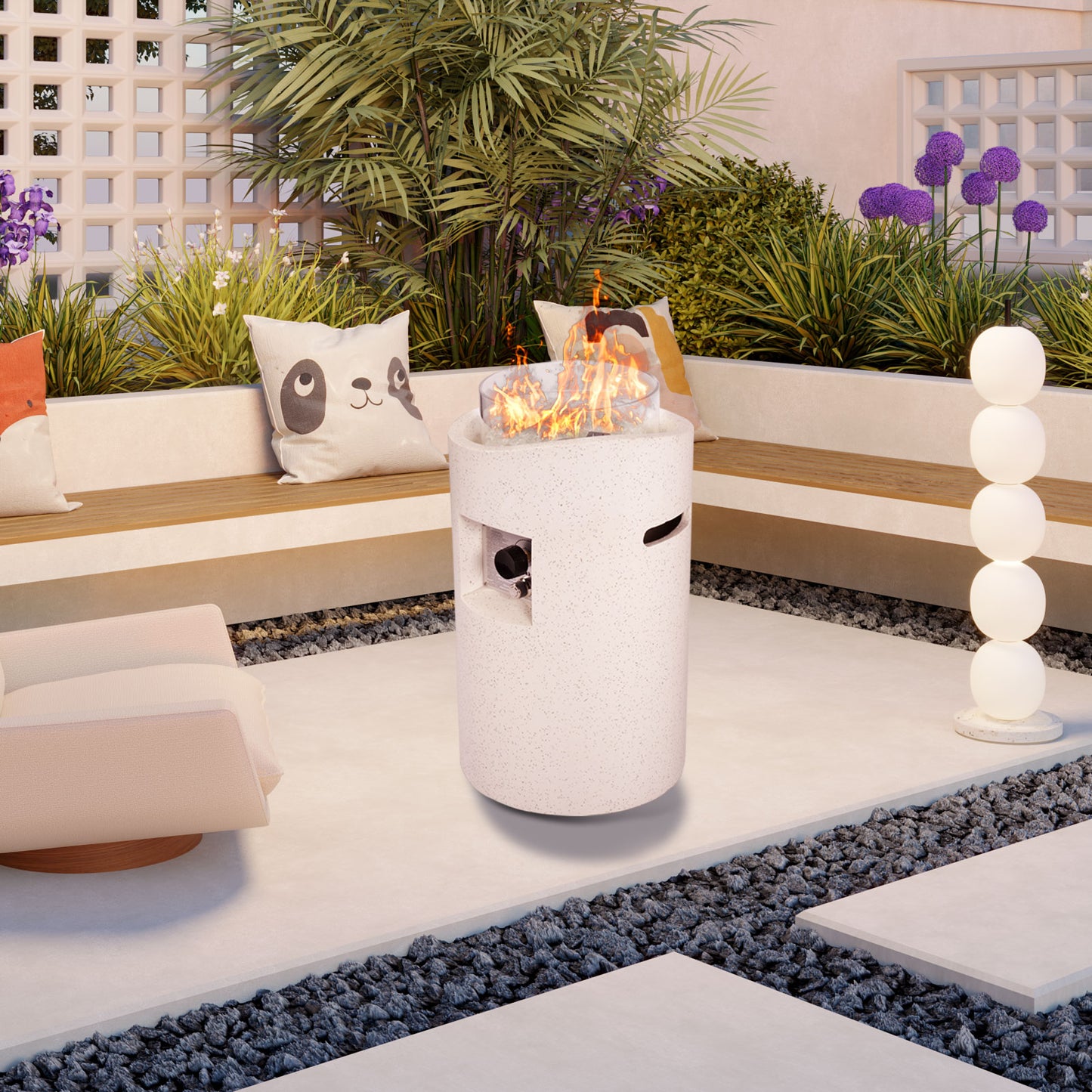 28" Cylindrical Propane Fire Pit Table: Modern Terrazzo Finish, 50,000 BTU Outdoor Gas Fire Table, Space-Saving Design for Patio