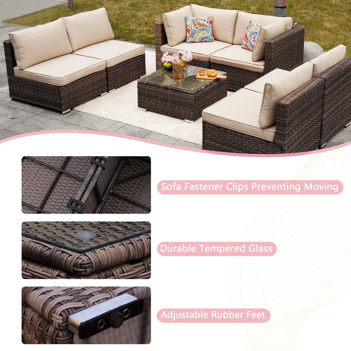 Luxury 7-Piece Patio Set, All-Weather Wicker Rattan Sofa & Coffee Table Complete Set