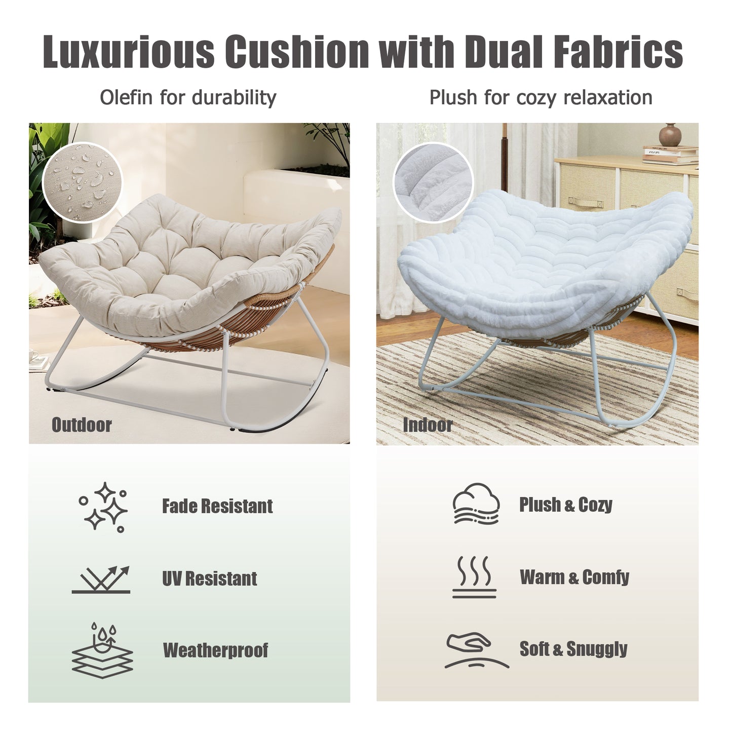 Classic Wicker Papasan Rocking Chair – Oversized Rocking Chair with Plush Cushion for Cloud-Like Comfort, Indoor & Outdoor Use