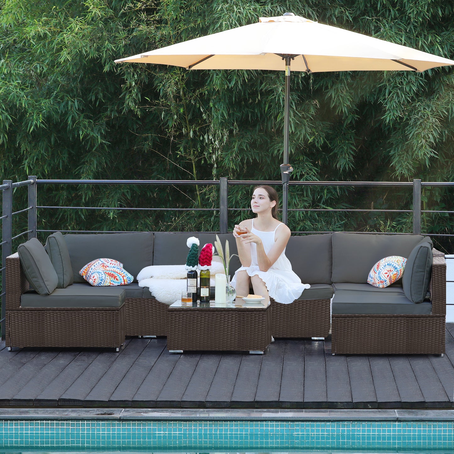 Luxury 7-Piece Patio Set, All-Weather Wine Wicker Rattan Sofa & Coffee Table Complete Set For Poolside & Garden