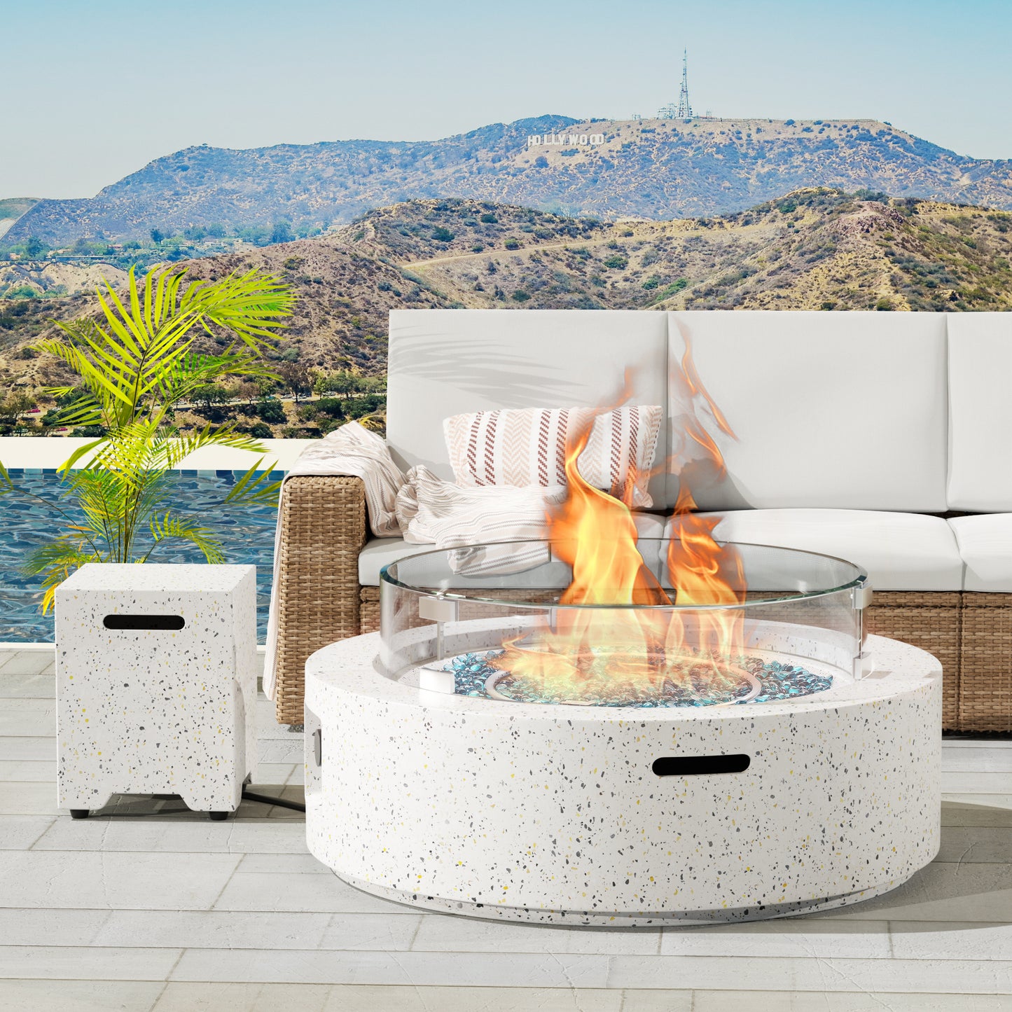 41" Round 3-Piece Propane Fire Pit Set: Terrazzo Table with Included Glass Cover & Tank Table for Patio