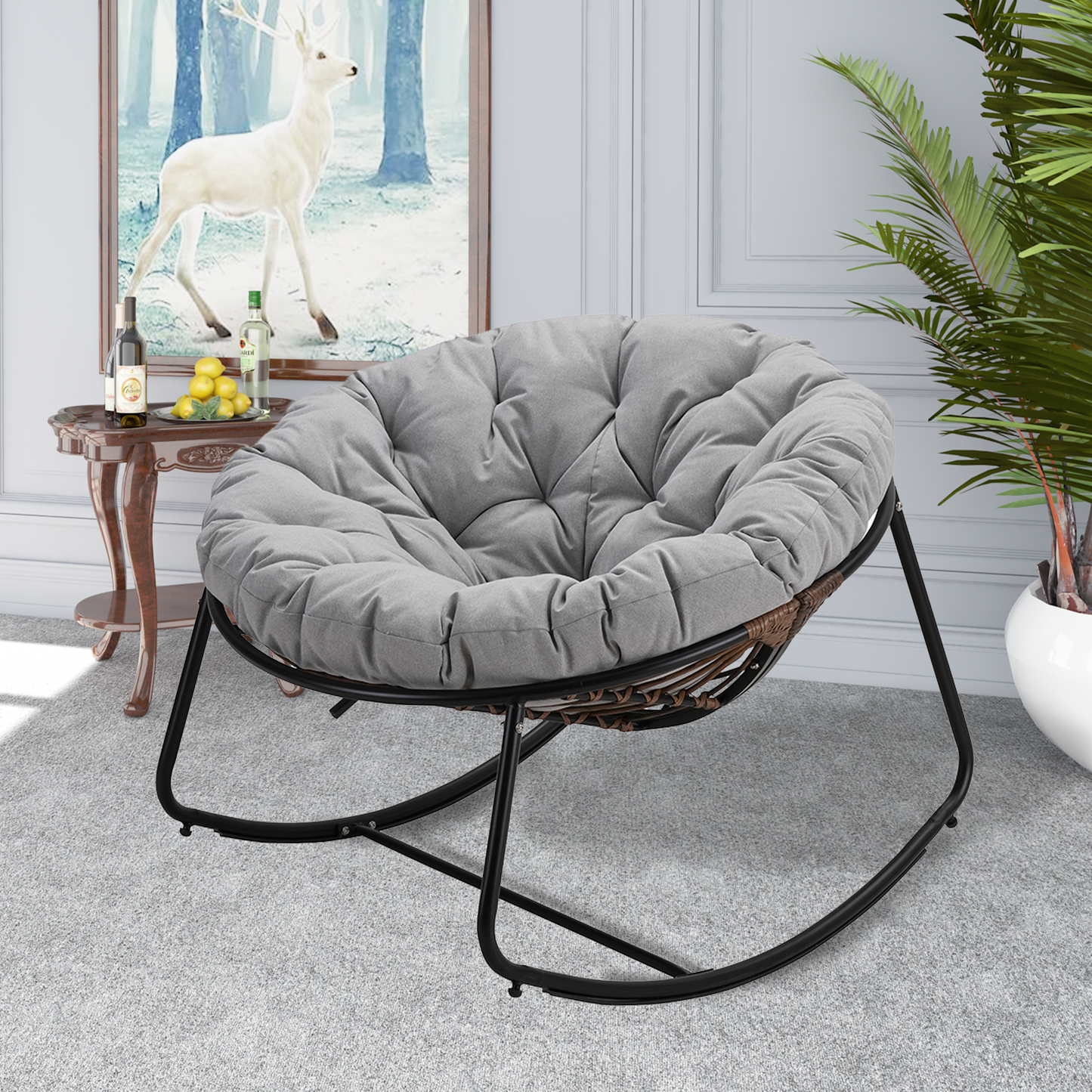 Black Iron Frame Gray Bamboo Fabric Rocking Chair