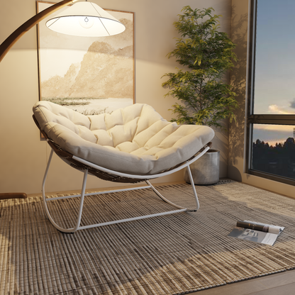 White Iron Frame Beige Cushioned Rattan Rocking Chair