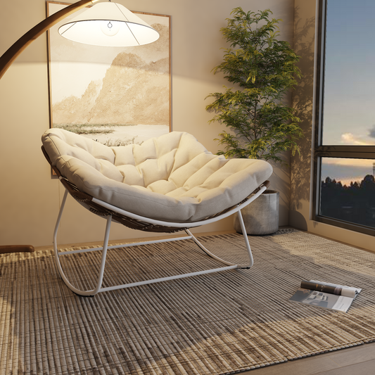 White Iron Frame Beige Cushioned Rattan Rocking Chair
