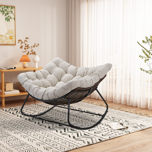 Wicker Rocking Chair with Padded Cushion & Gray Iron Frame for Porch, Patio, Garden
