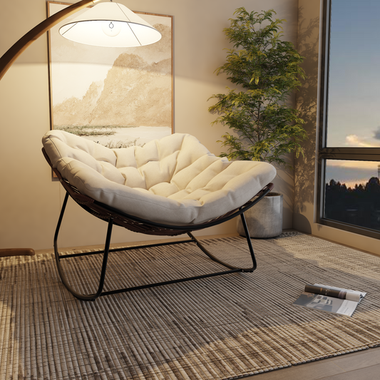 Dark Gray Iron Frame Beige Cushioned Rattan Rocking Chair