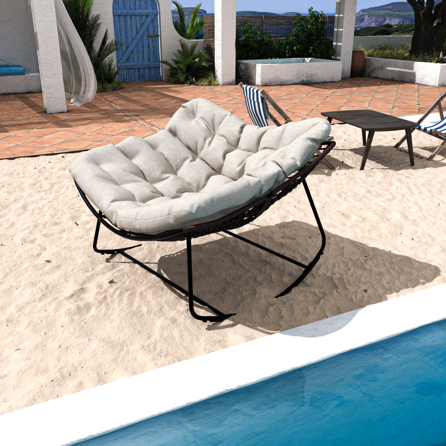 Dark Gray Iron Frame Beige Cushioned Rattan Rocking Chair