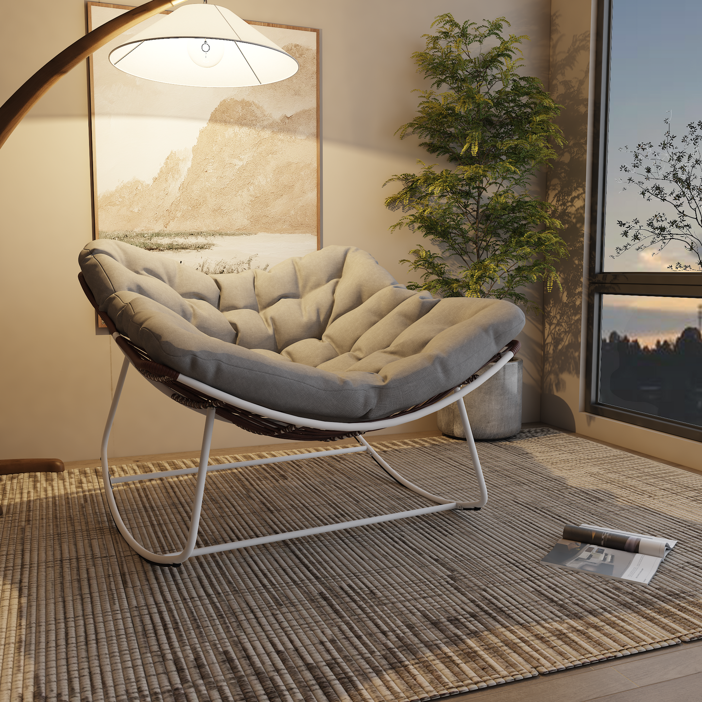 White Iron Frame Light Gray Cushioned Wicker Rocking Chair