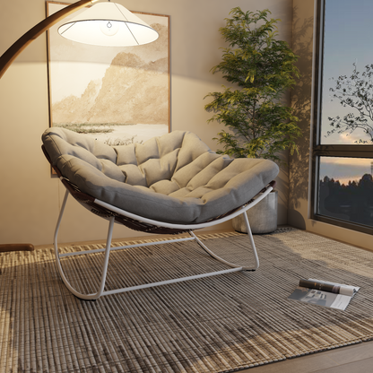 White Iron Frame Light Gray Cushioned Wicker Rocking Chair