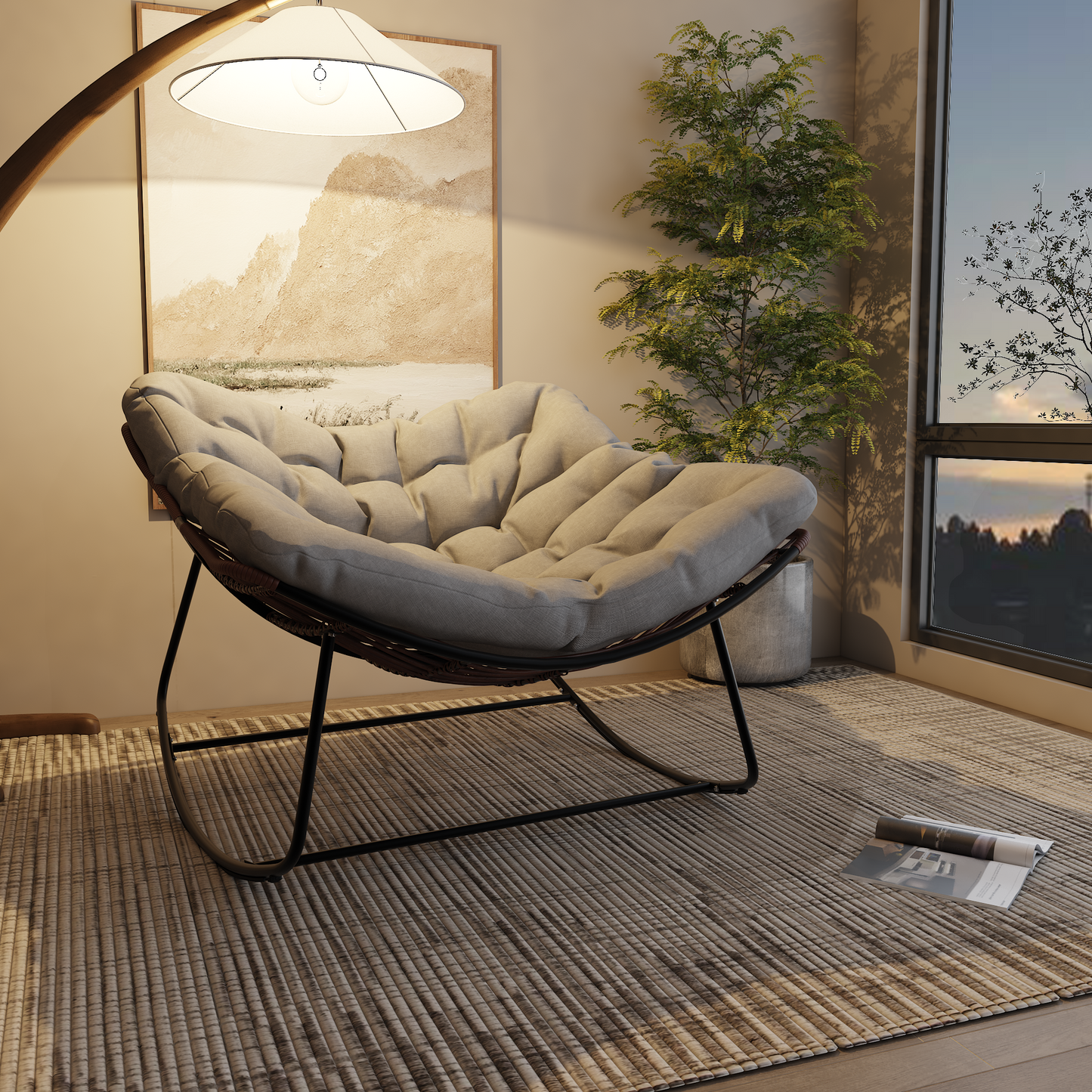 Dark Gray Iron Frame Gray Cushion Wicker Rocking Chair