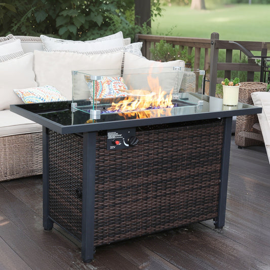43" Rectangular Rattan Propane Fire Pit Table: 55,000 BTU with Glass Wind Guard & Rain Cover for Patio, Deck