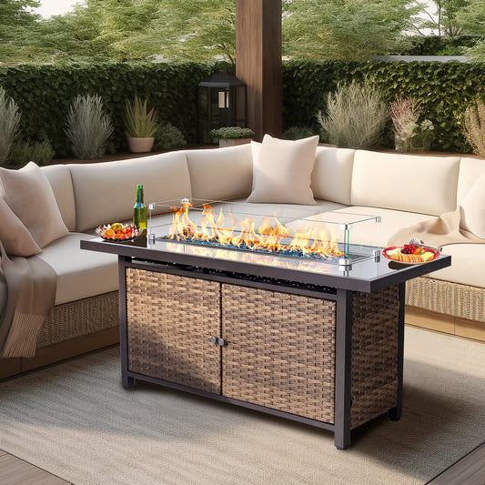 57" Rectangular Rattan Propane Fire Pit Table: 55,000 BTU with Glass Wind Guard & Rain Cover for Patio, Deck