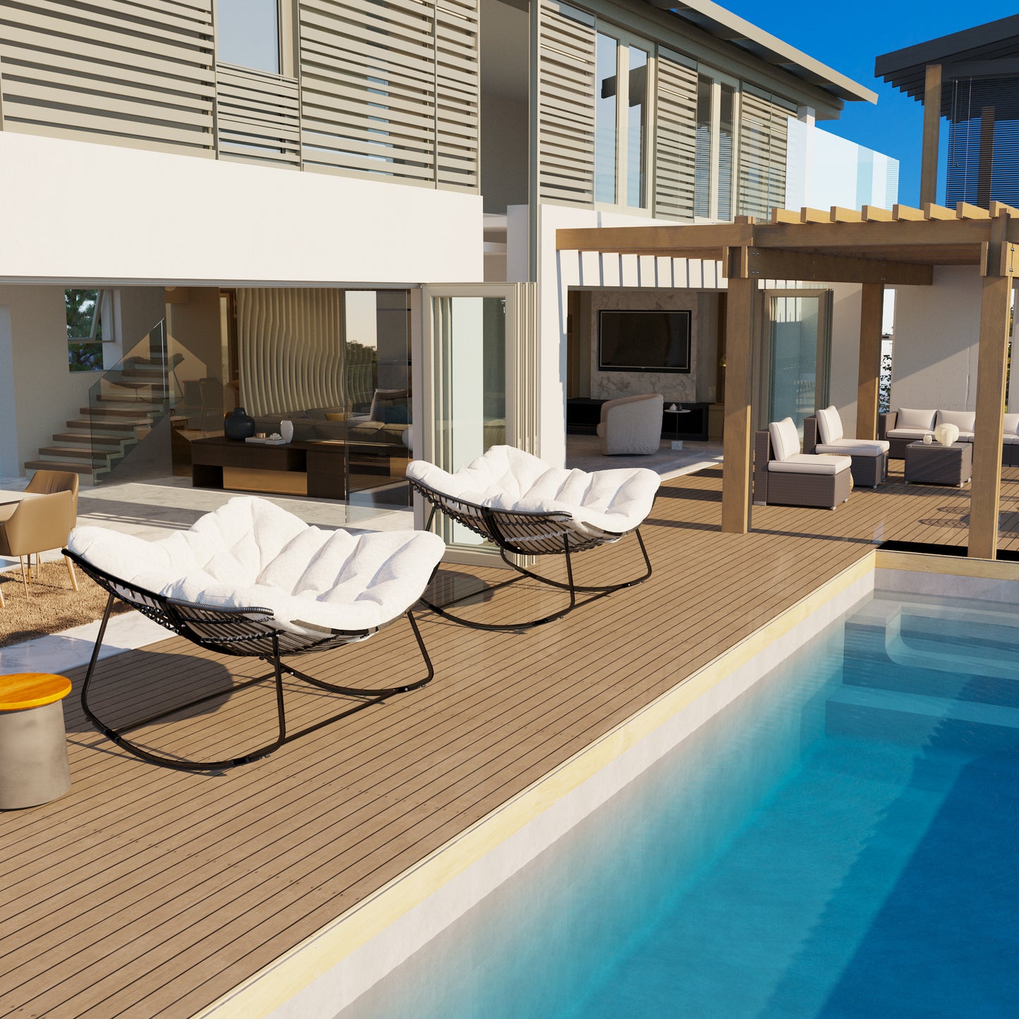 White Iron Frame White Cushion Rattan Rocking Chair