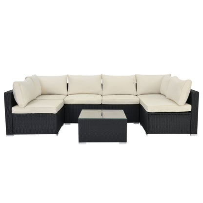 Beige Cushion Rattan Sofa 7 Piece Set