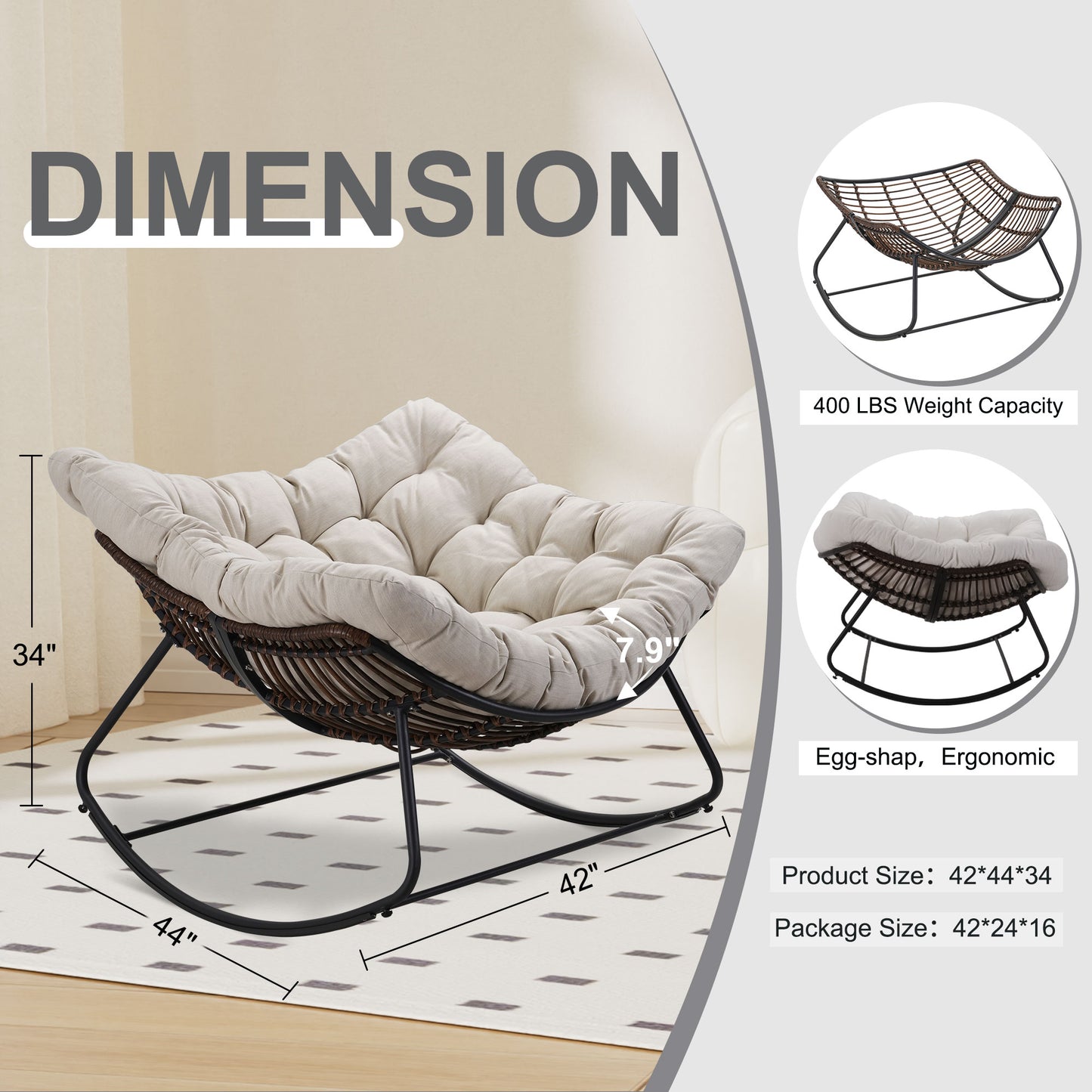 Dark Gray Iron Frame Beige Cushioned Rattan Rocking Chair