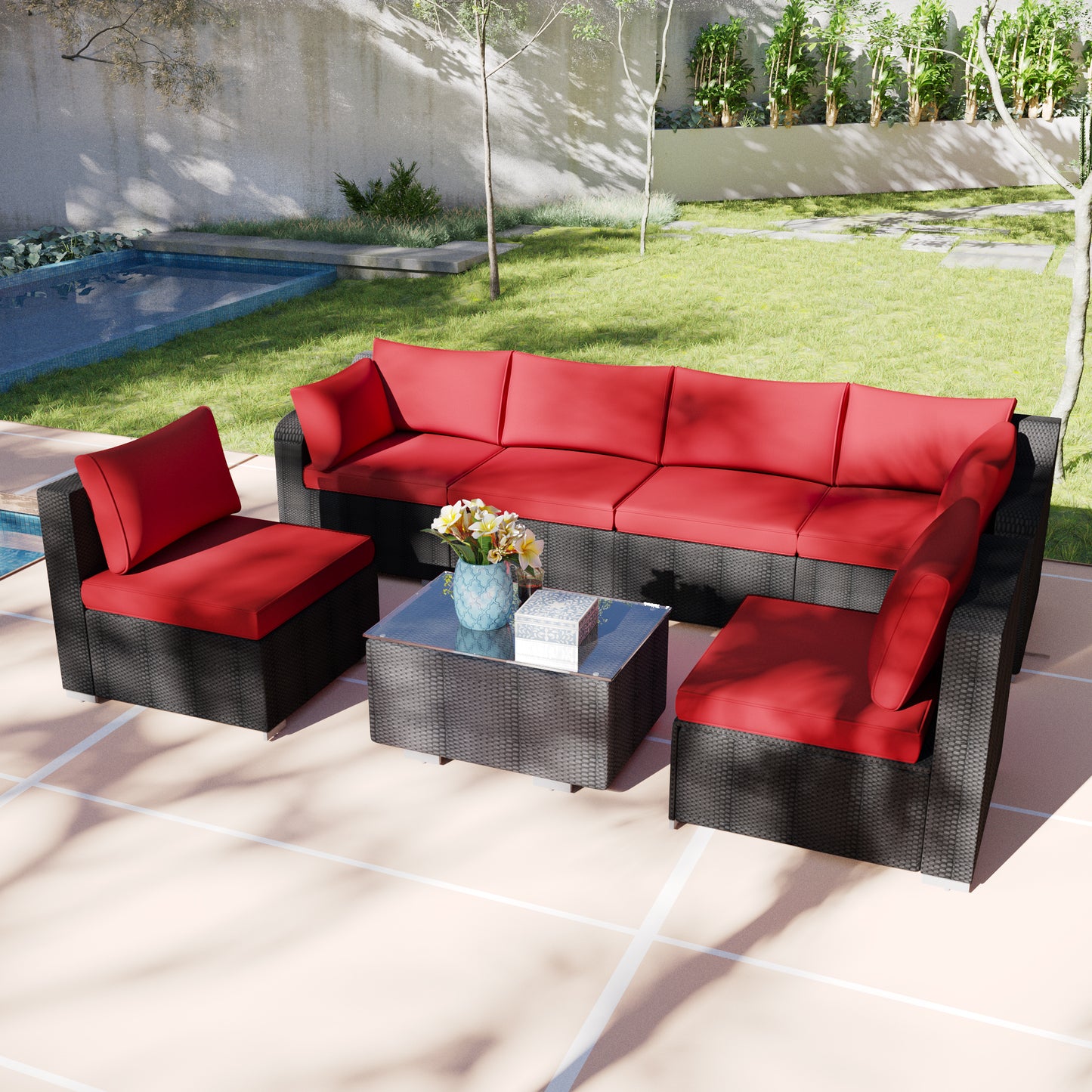 Luxury 7-Piece Patio Set, All-Weather Wicker Rattan Sofa & Coffee Table Complete Set