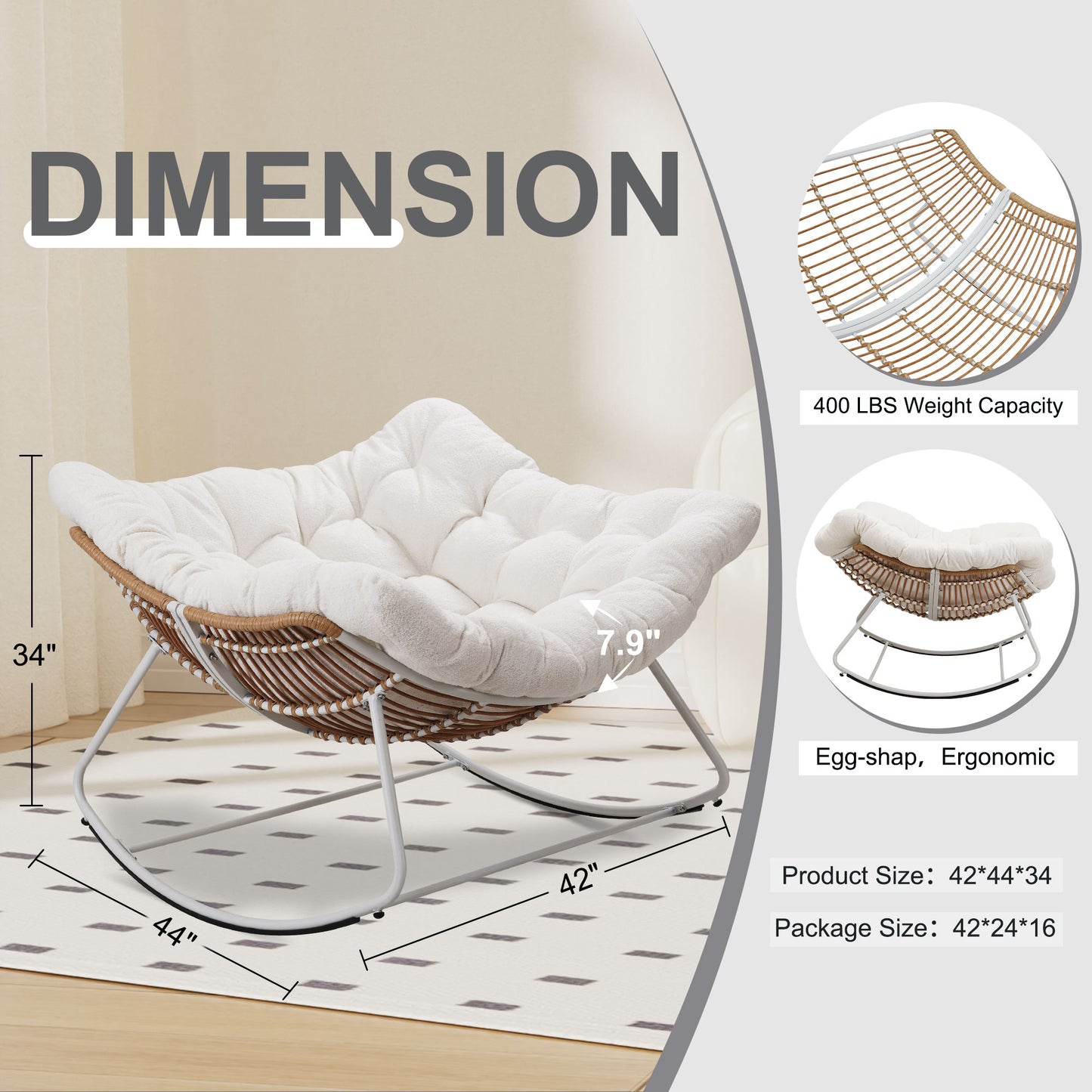 White Iron Frame White Cushion Rattan Rocking Chair