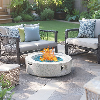 41" Round 3-Piece Propane Fire Pit Set: Terrazzo Table with Included Glass Cover & Tank Table for Patio