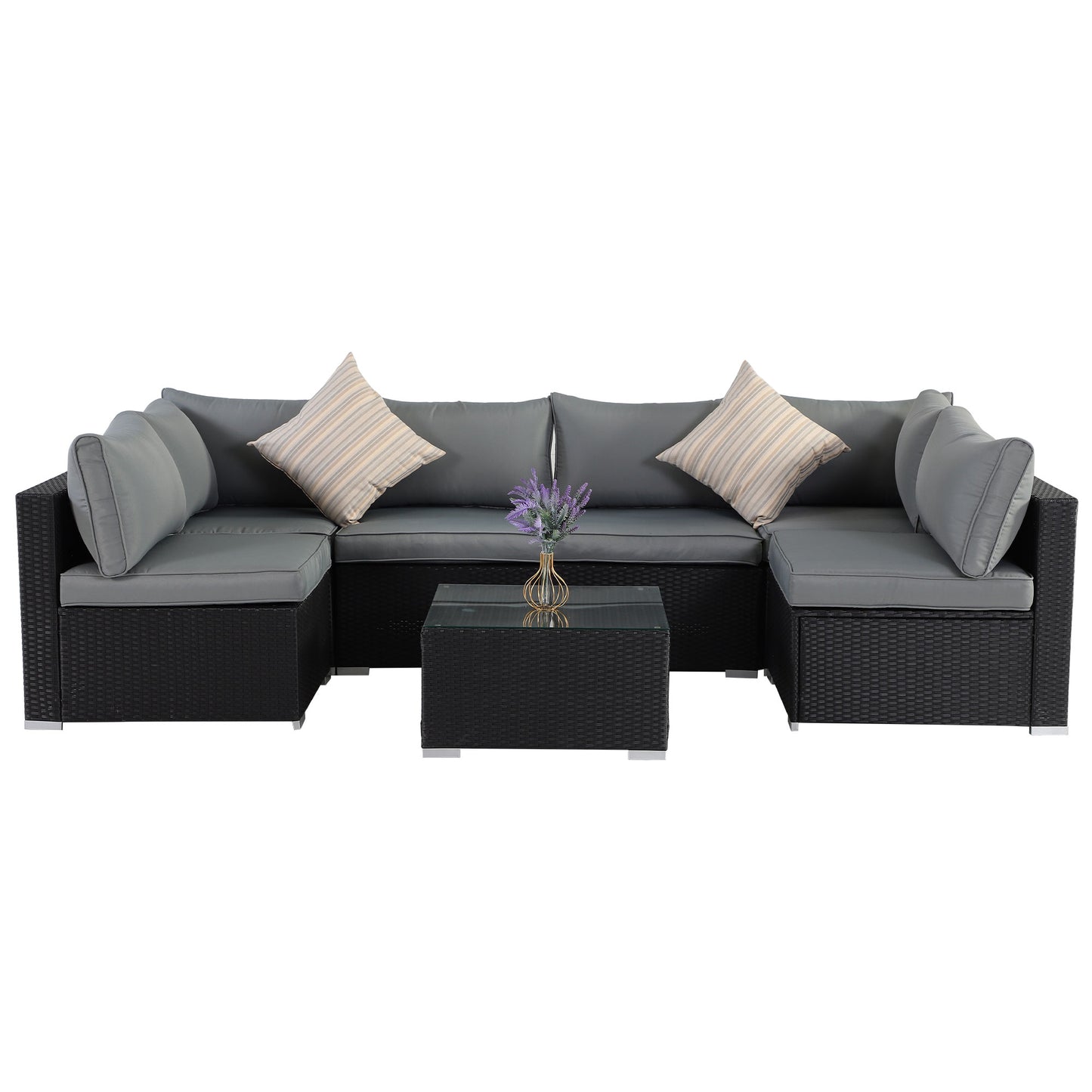 Black Cushion Rattan Sofa 7 Piece Set