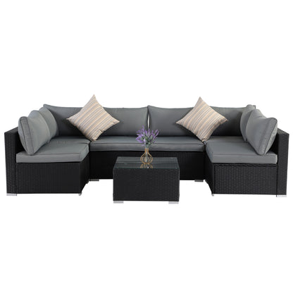 Black Cushion Rattan Sofa 7 Piece Set