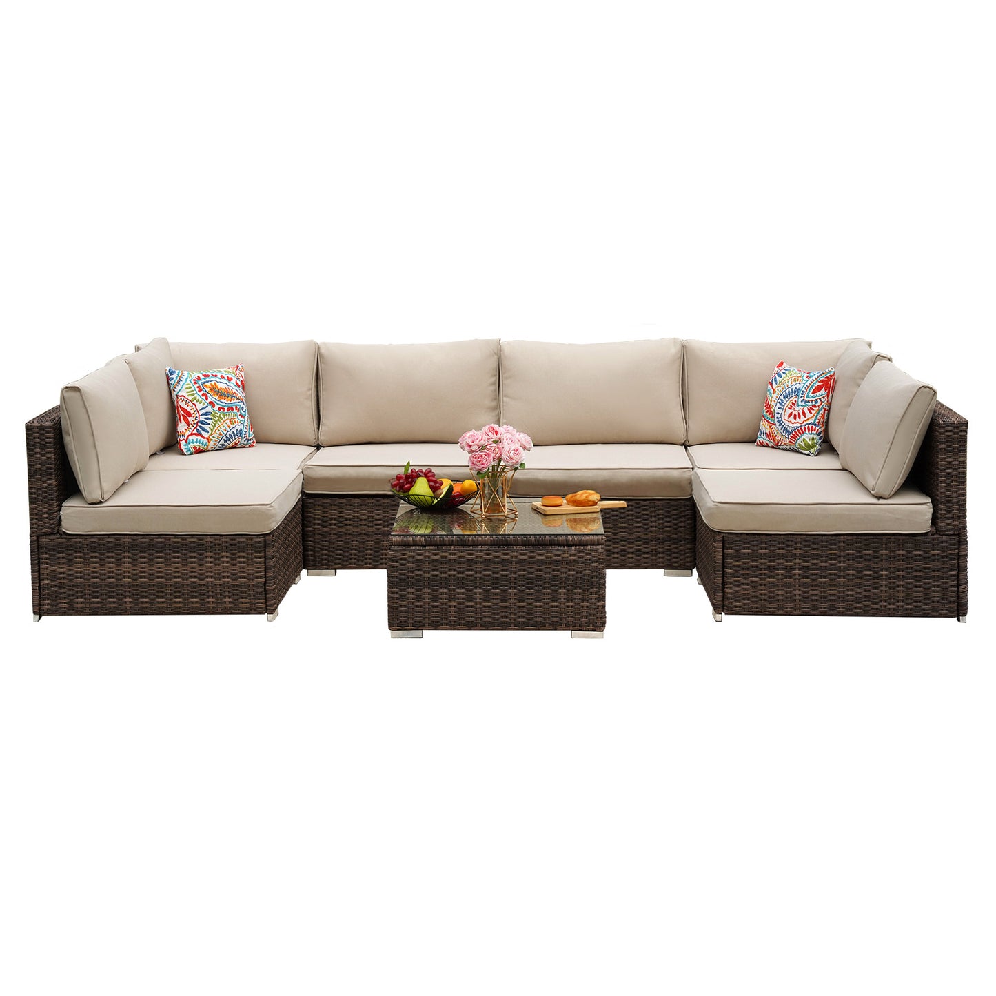 Beige Cushion Rattan Sofa 7 Piece Set