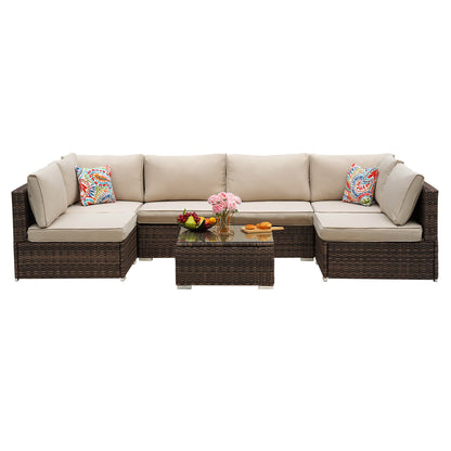 Beige Cushion Rattan Sofa 7 Piece Set