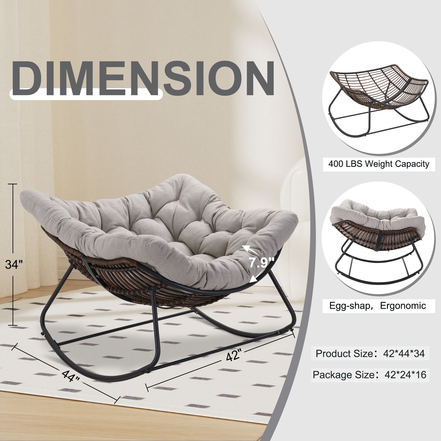 Dark Gray Iron Frame Gray Cushion Wicker Rocking Chair