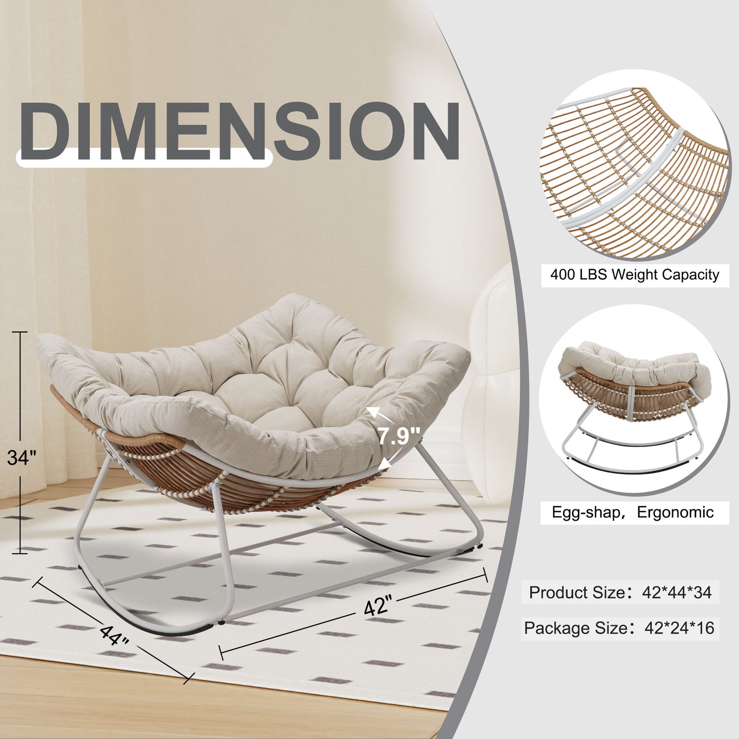 White Iron Frame Beige Cushioned Rattan Rocking Chair