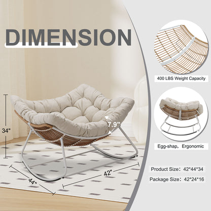 White Iron Frame Beige Cushioned Rattan Rocking Chair