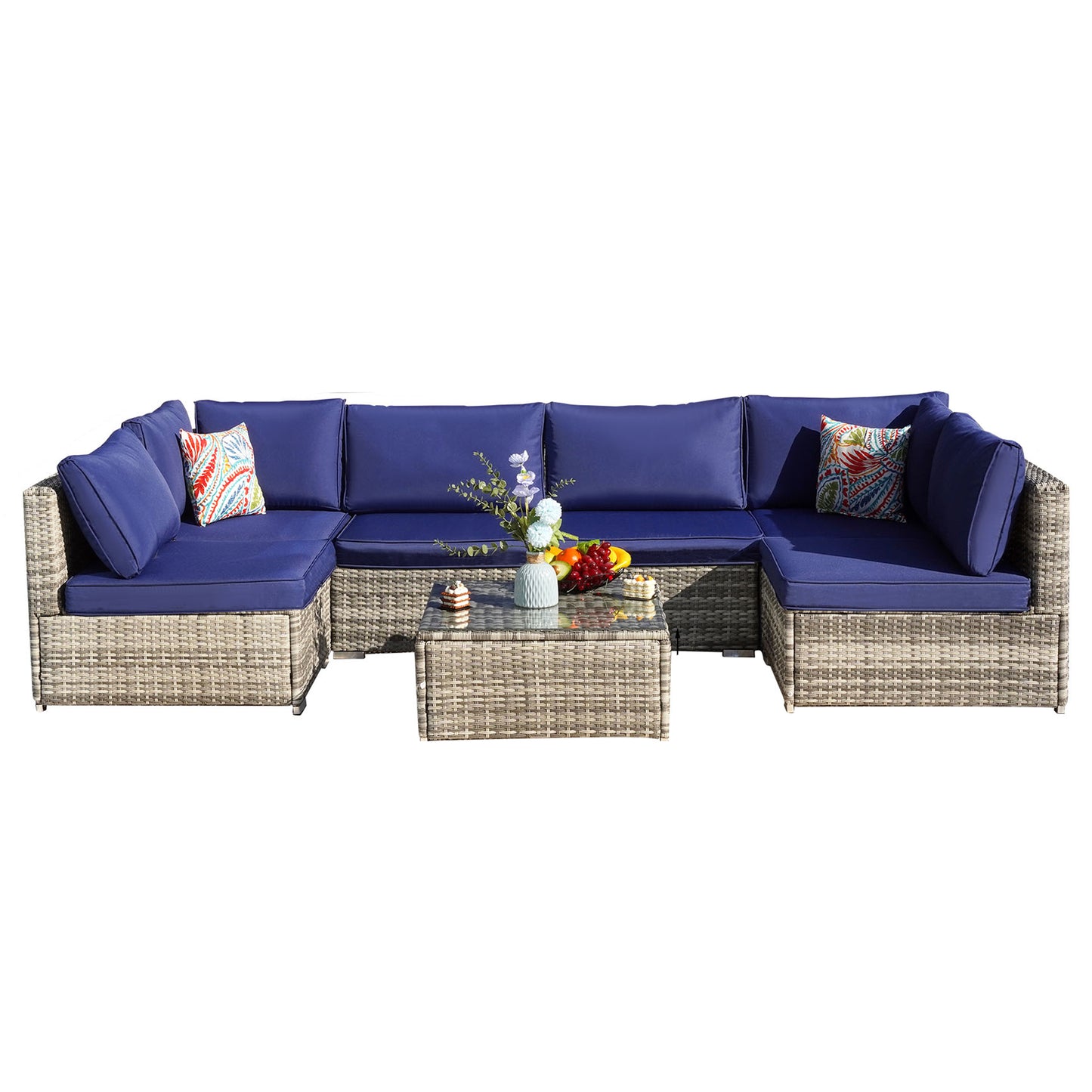 Navy Blue Cushion Rattan Sofa 7 Piece Set