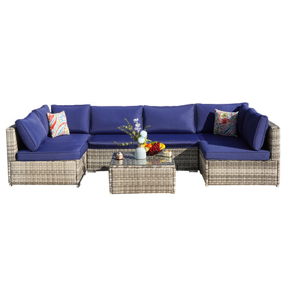 Navy Blue Cushion Rattan Sofa 7 Piece Set