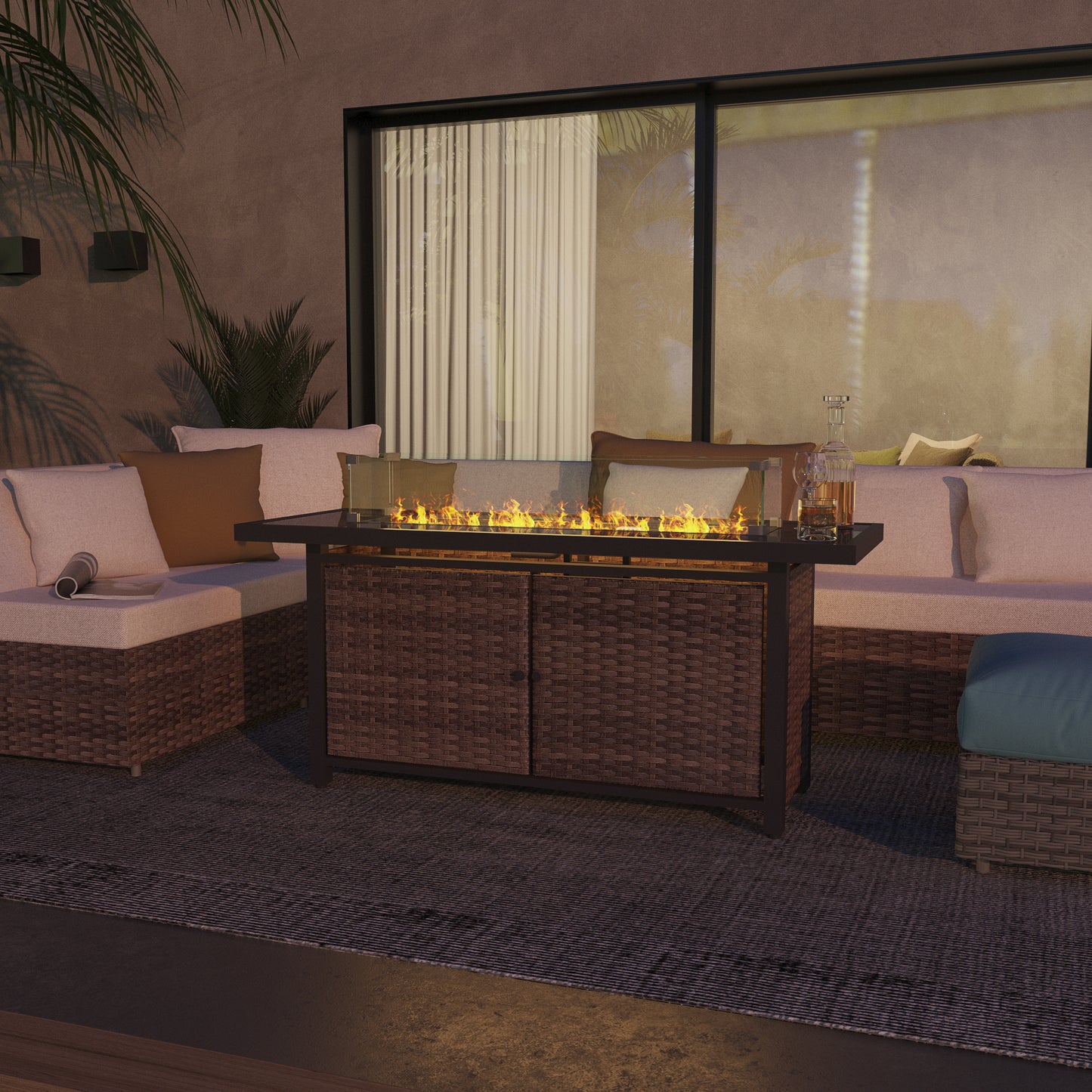 Dalicia 57" Outdoor Rectangular Rattan Propane Gas Fire Pit Table for Outside Patio