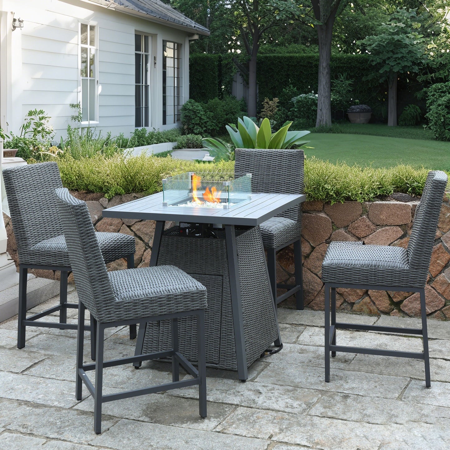 36" Square High-Top Propane Fire Pit Table – 50,000 BTU with Wicker Base, Glass Wind Guard & Rain Cover, All-Weather Patio Kit