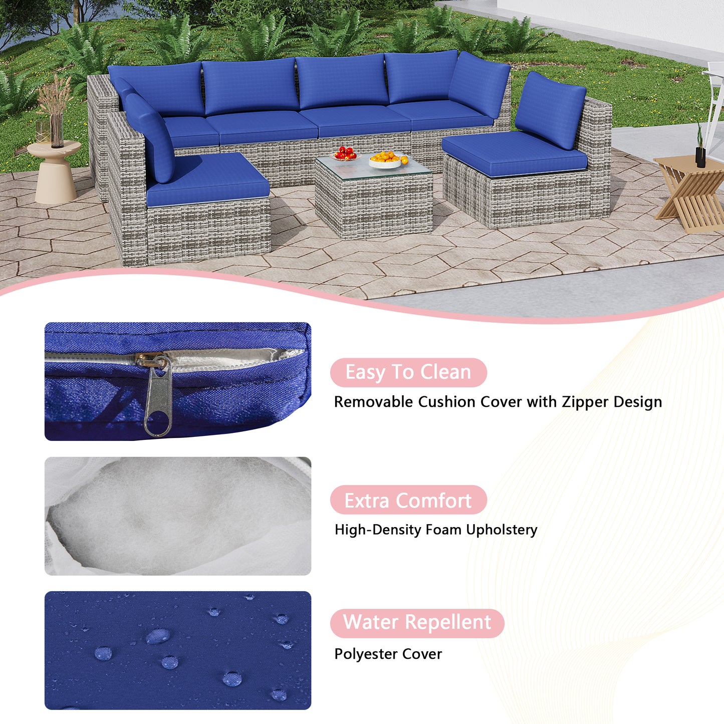 Navy Blue Cushion Rattan Sofa 7 Piece Set