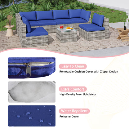 Navy Blue Cushion Rattan Sofa 7 Piece Set