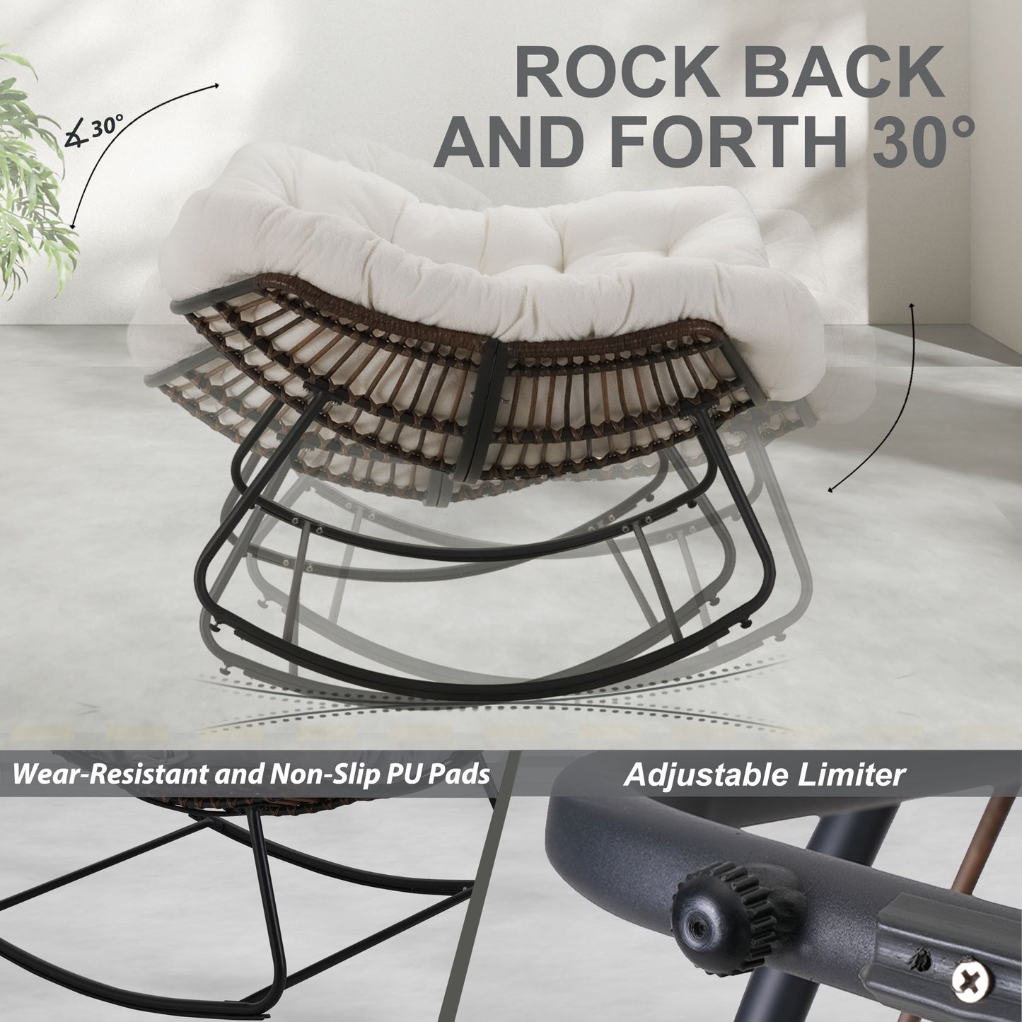 Dark Gray Iron Frame Beige Cushioned Rattan Rocking Chair