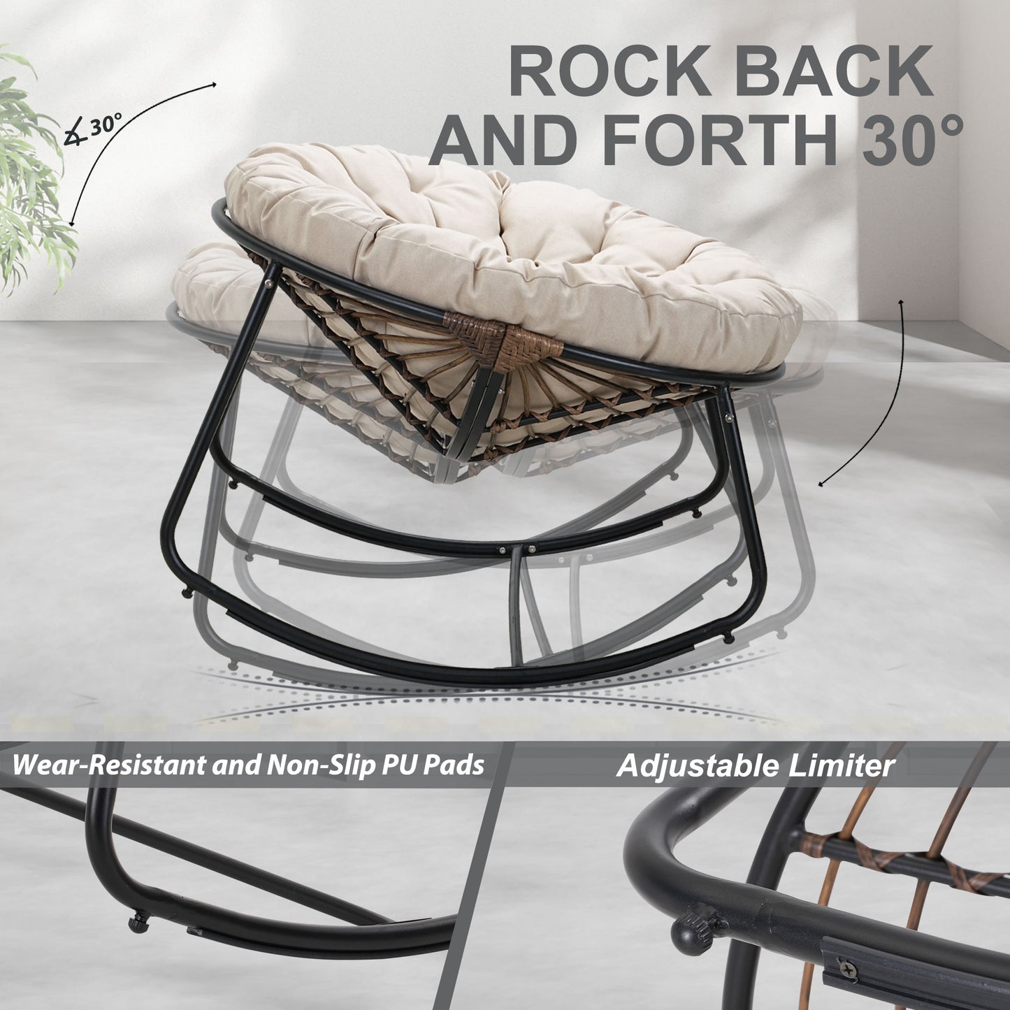 Black Iron Frame Beige Bamboo Fabric Rocking Chair