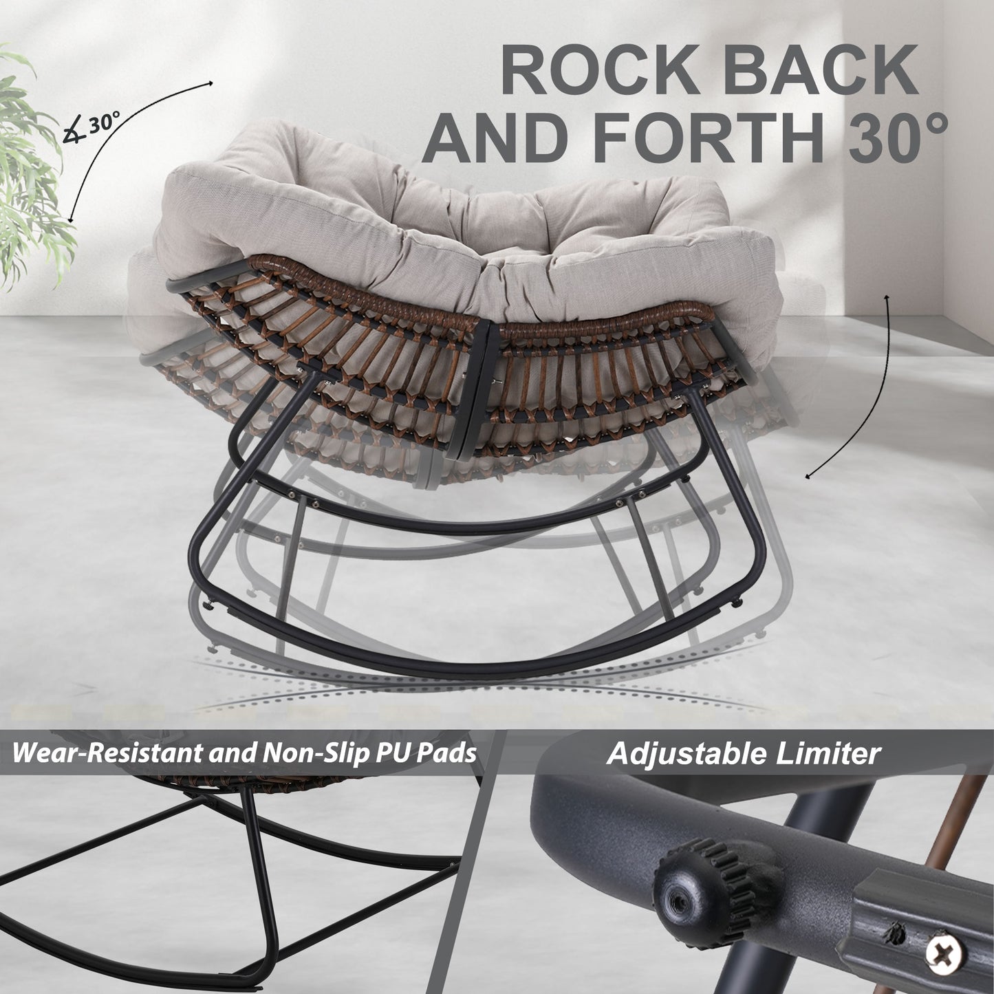 Dark Gray Iron Frame Gray Cushion Wicker Rocking Chair