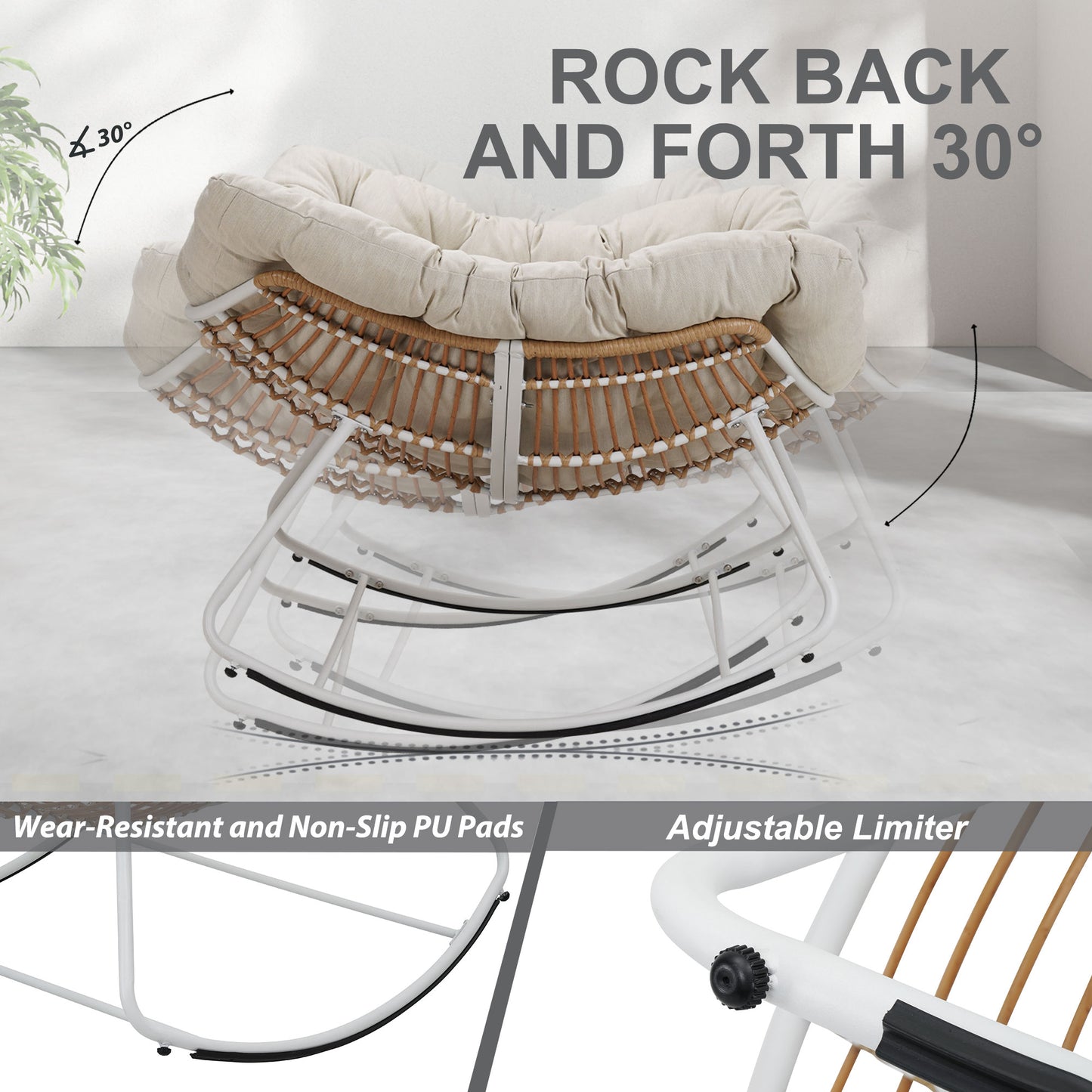 White Iron Frame Beige Cushioned Rattan Rocking Chair