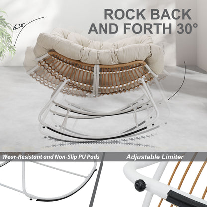 White Iron Frame Beige Cushioned Rattan Rocking Chair