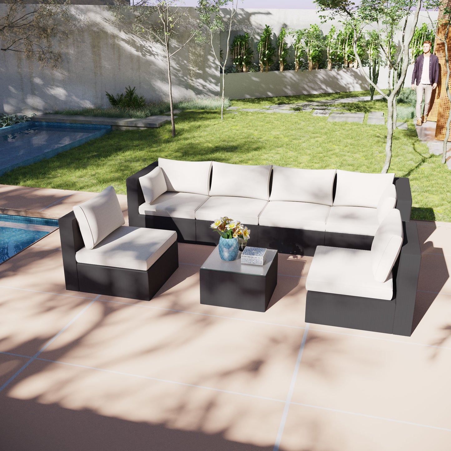Luxury 7-Piece Patio Set, All-Weather Wicker Rattan Sofa & Coffee Table Complete Set