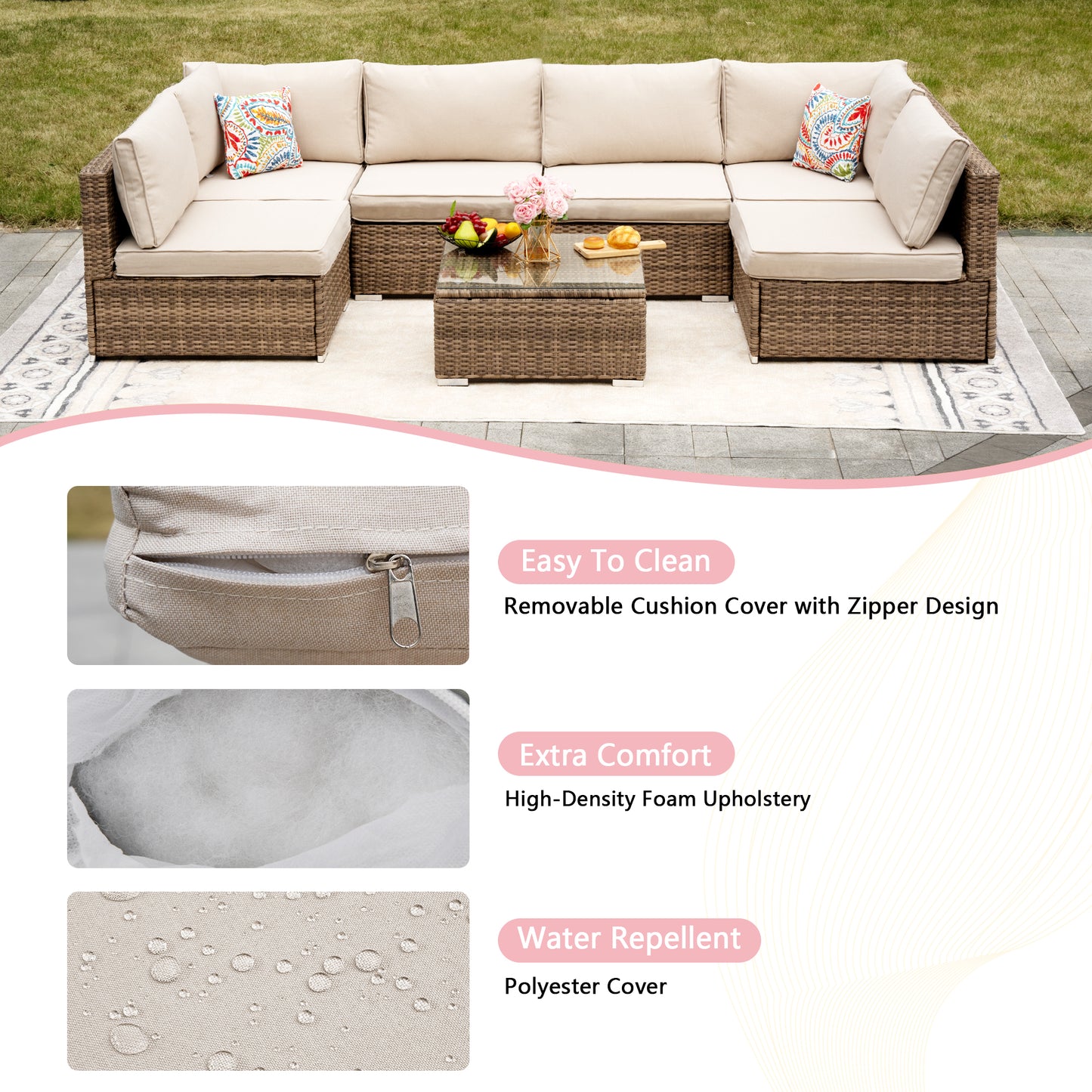 Brown Cushion Wicker Sofa 7 Piece Set