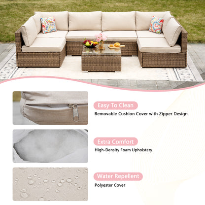 Brown Cushion Wicker Sofa 7 Piece Set