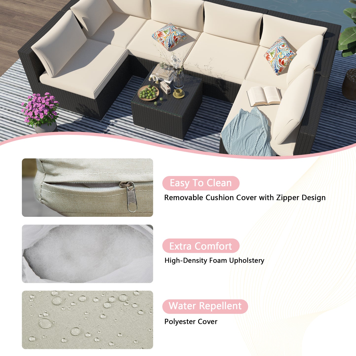 Beige Cushion Rattan Sofa 7 Piece Set