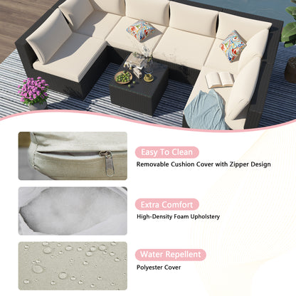 Beige Cushion Rattan Sofa 7 Piece Set