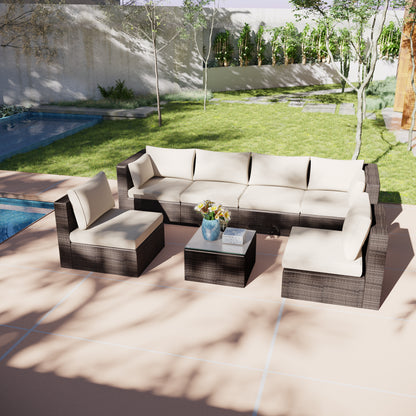 Luxury 7-Piece Patio Set, All-Weather Wicker Rattan Sofa & Coffee Table Complete Set