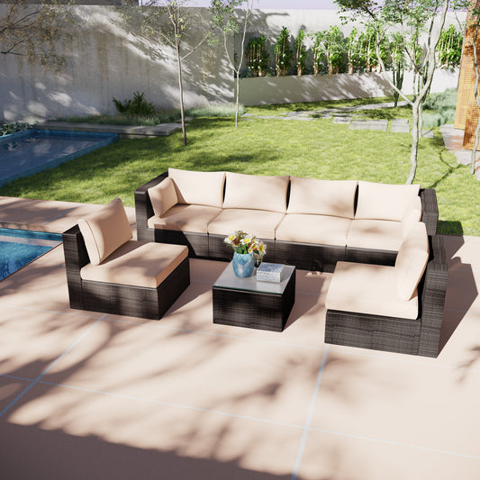 Luxury 7-Piece Beige Patio Set, All-Weather Wicker Rattan Sofa & Coffee Table Complete Set