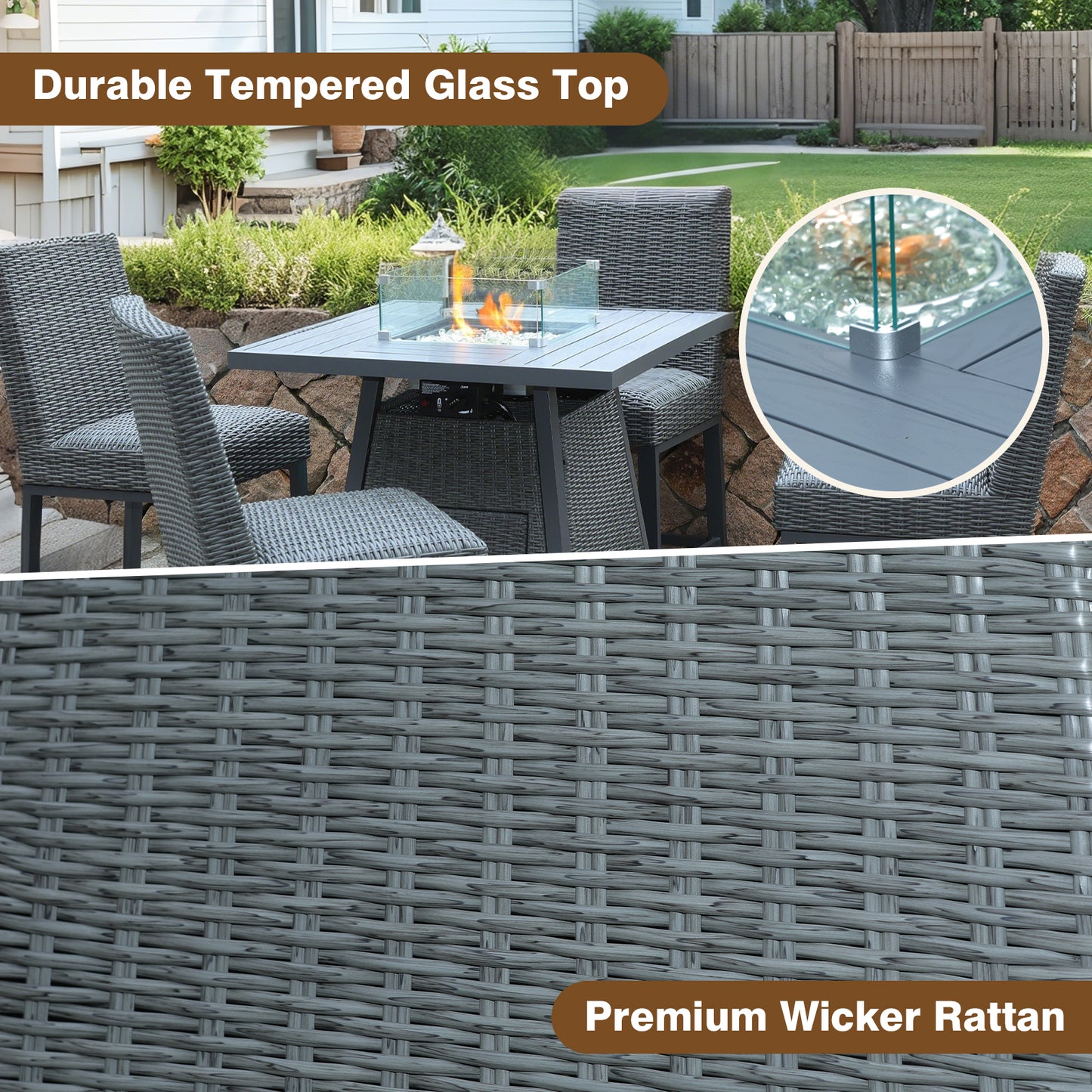 36" Square High-Top Propane Fire Pit Table – 50,000 BTU with Wicker Base, Glass Wind Guard & Rain Cover, All-Weather Patio Kit