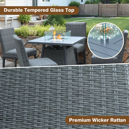 36" Square High-Top Propane Fire Pit Table – 50,000 BTU with Wicker Base, Glass Wind Guard & Rain Cover, All-Weather Patio Kit