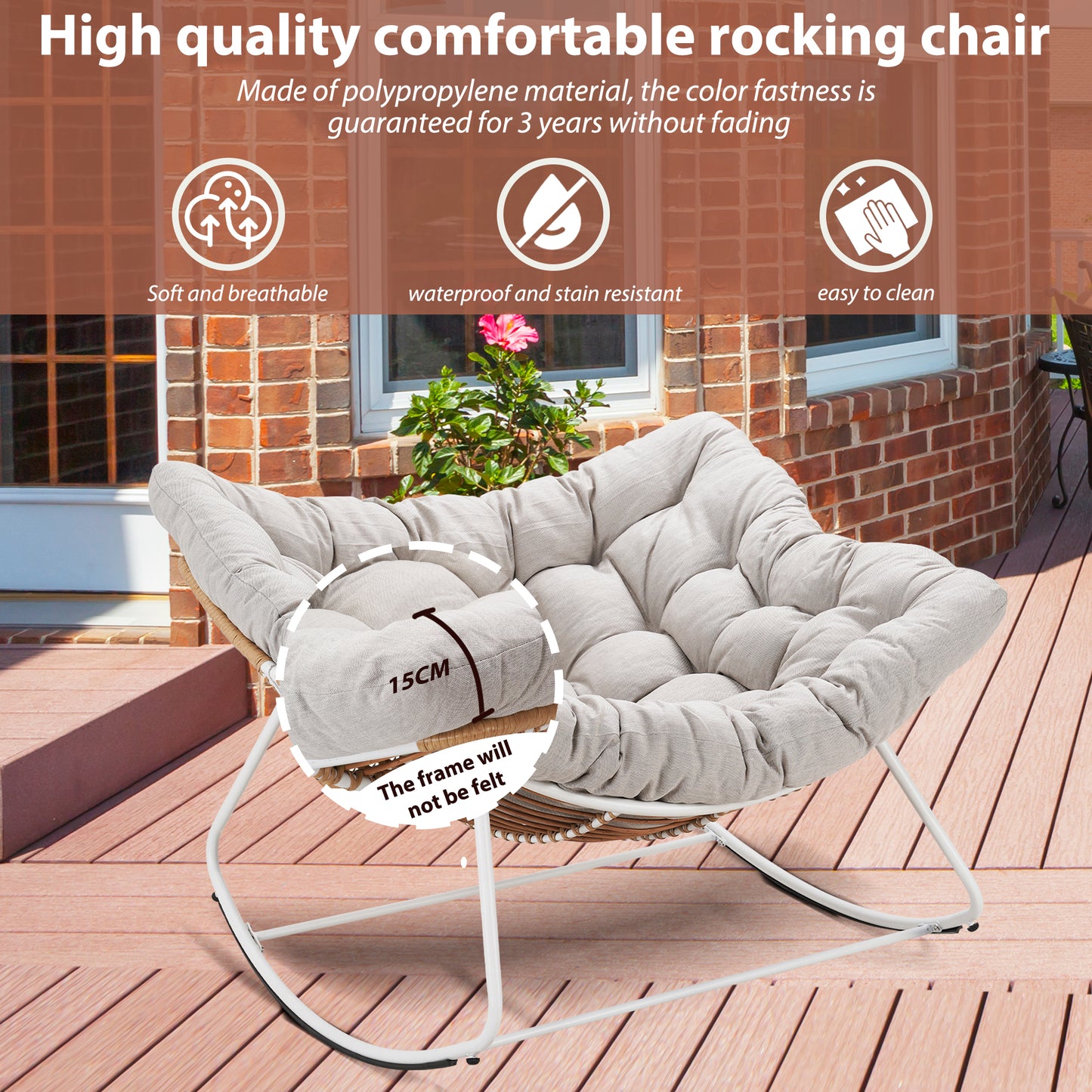 White Iron Frame Light Gray Cushioned Wicker Rocking Chair